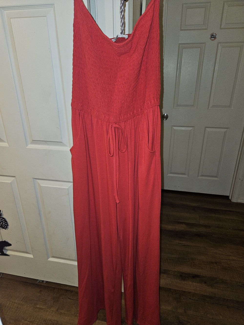 Zenana Red Smocked Wide-Leg Jumpsuit with Drawstring